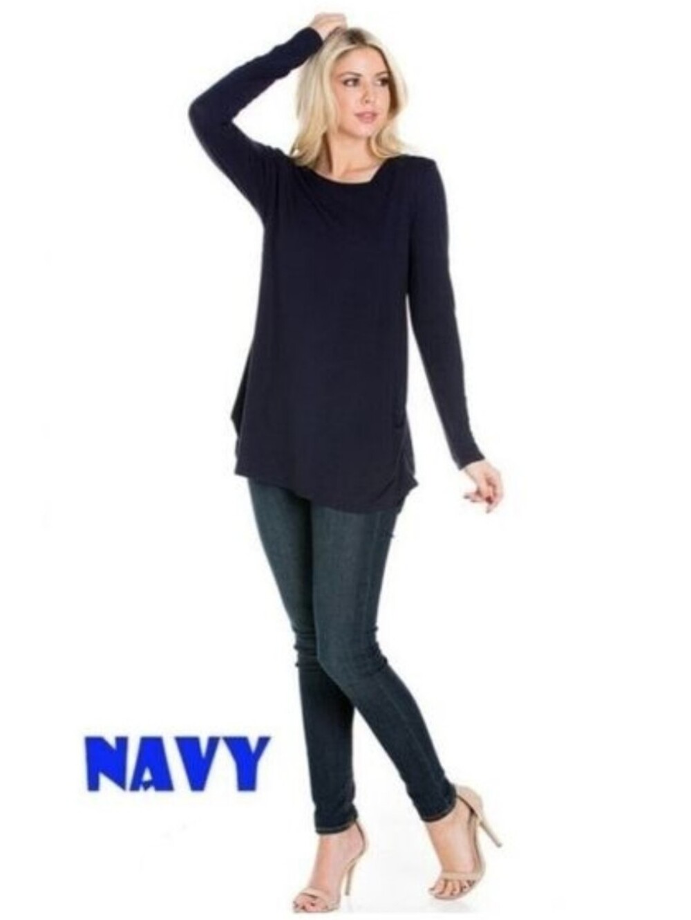 ZENANA Long Sleeve Crew Neck Navy Blue Casual Tunic Top Size Small NWT